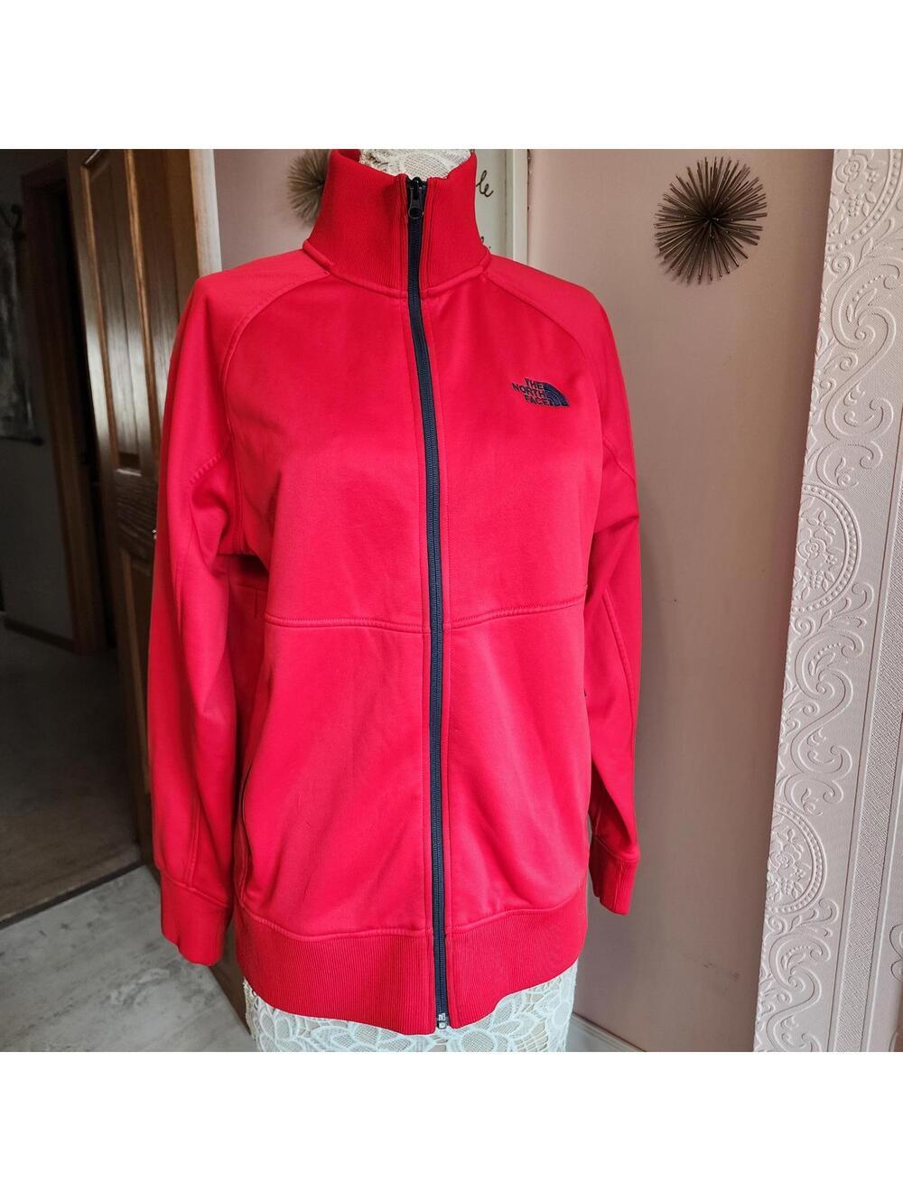 Flawless North Face Tech Mens Red zip jacket with flag patch on arm M